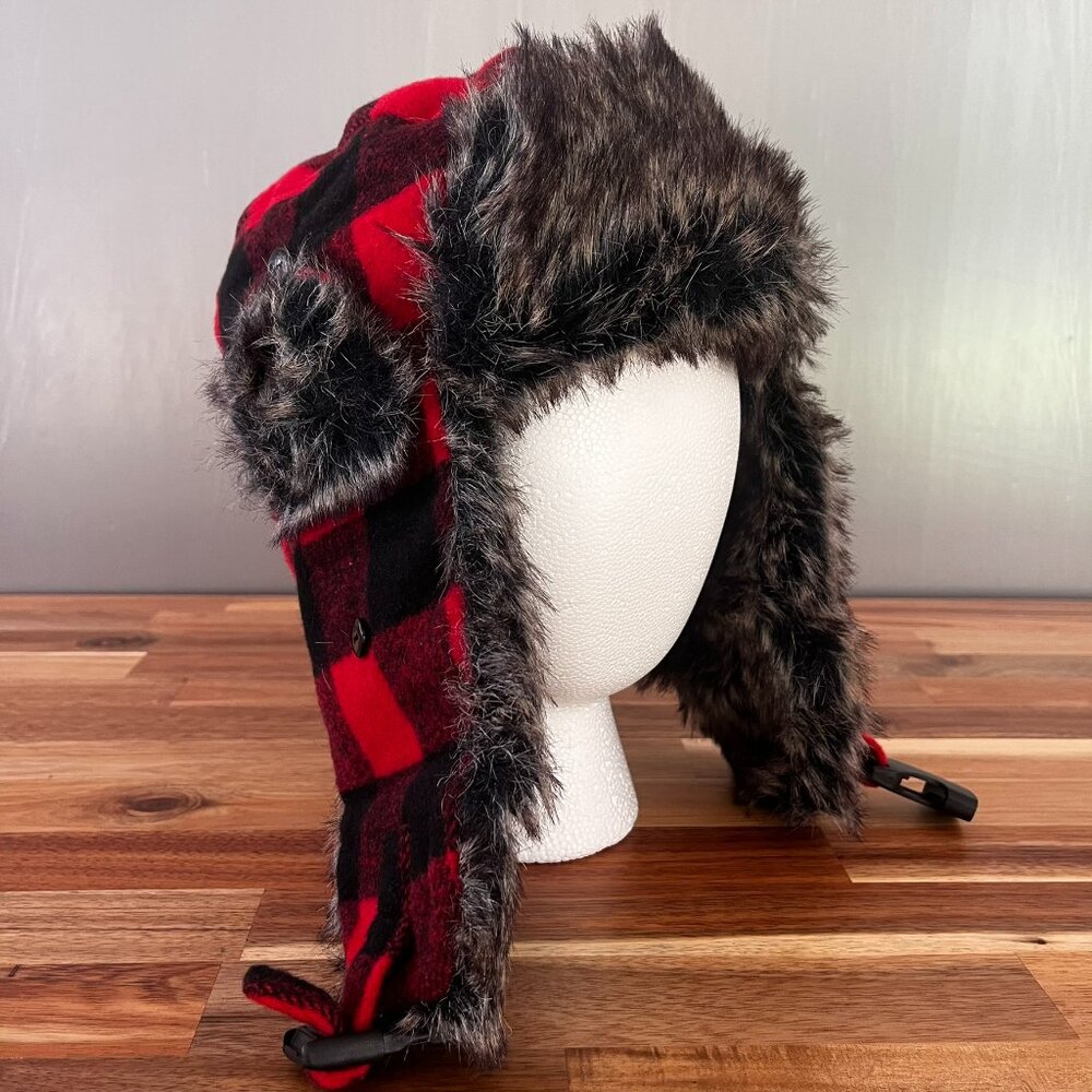 Earth Ragz Trapper Hat Buffalo Red Black Plaid Faux Fur Ear Flaps Hunting Winter